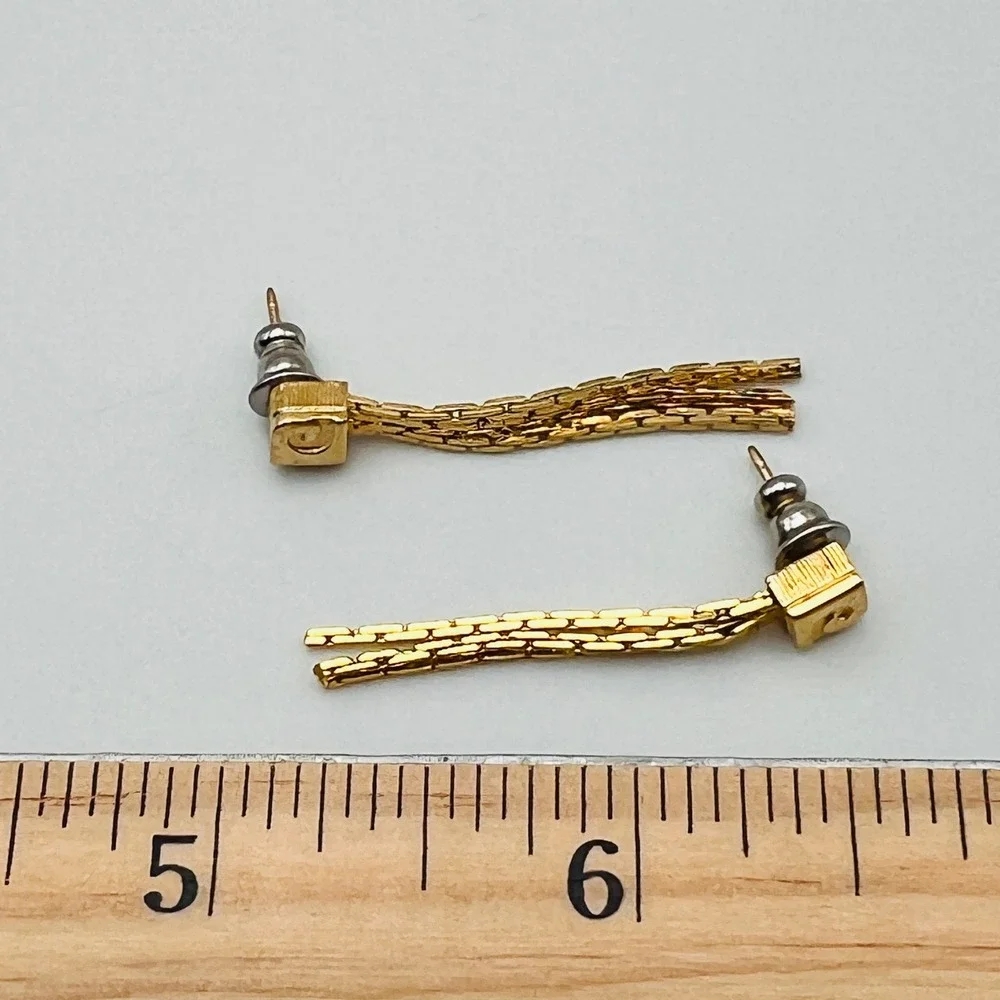 Gold Tone‎ Spiral Square Post Earrings with Multi Chain Tassel Dangle Drops